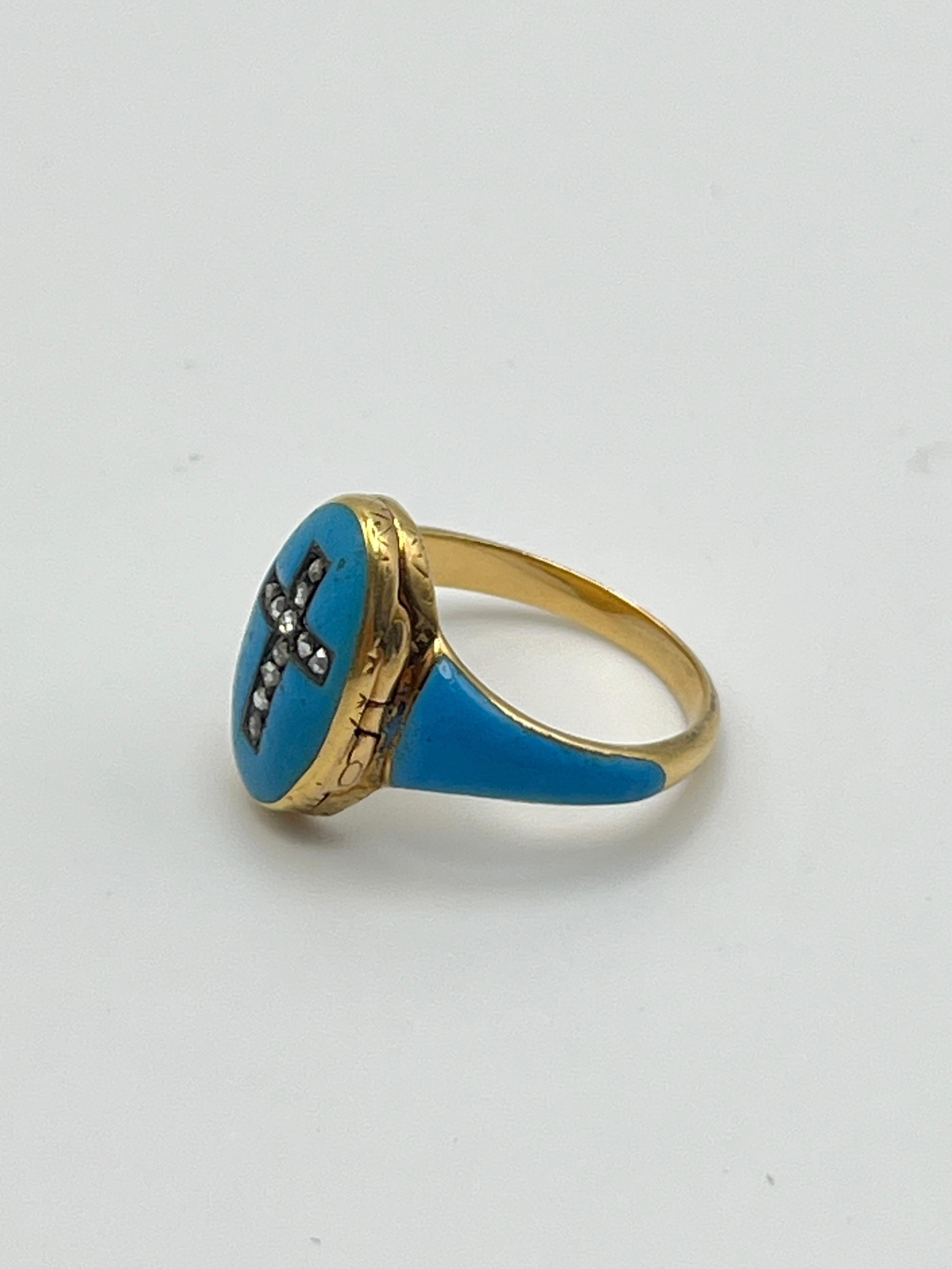 Victorian 14K Yellow Gold Enamel Memorial Diamond Cross Locket Ring For Sale 3