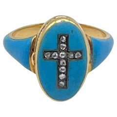 Antique Victorian 14K Yellow Gold Enamel Memorial Diamond Cross Locket Ring