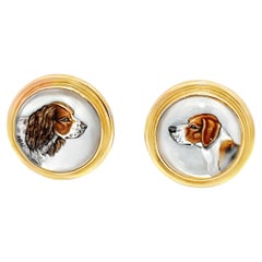 Viktorianische 14k Gelbgold Essex Kristall Reverse gemalt Hund Ohrringe