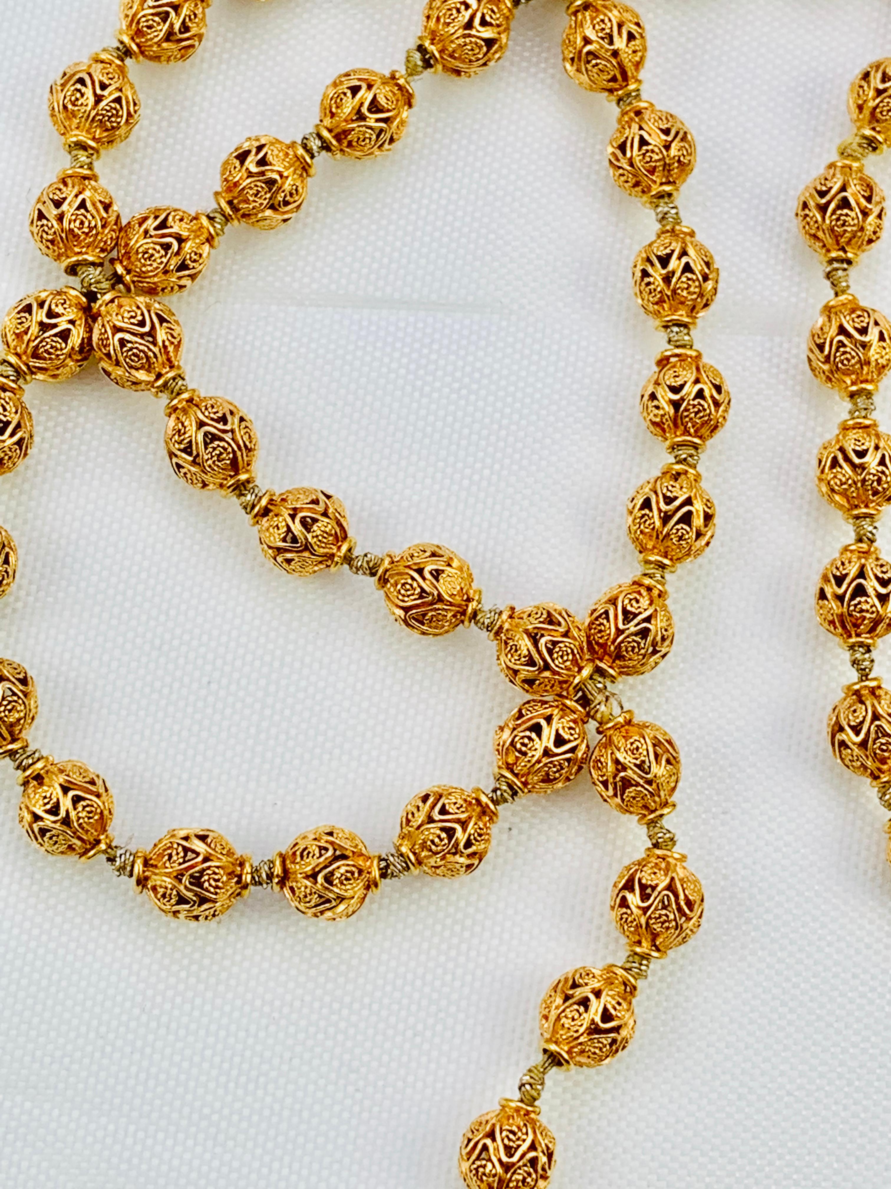 Victorian 14 Karat Yellow Gold Filigree Beaded Necklace In Excellent Condition In Birmingham, AL