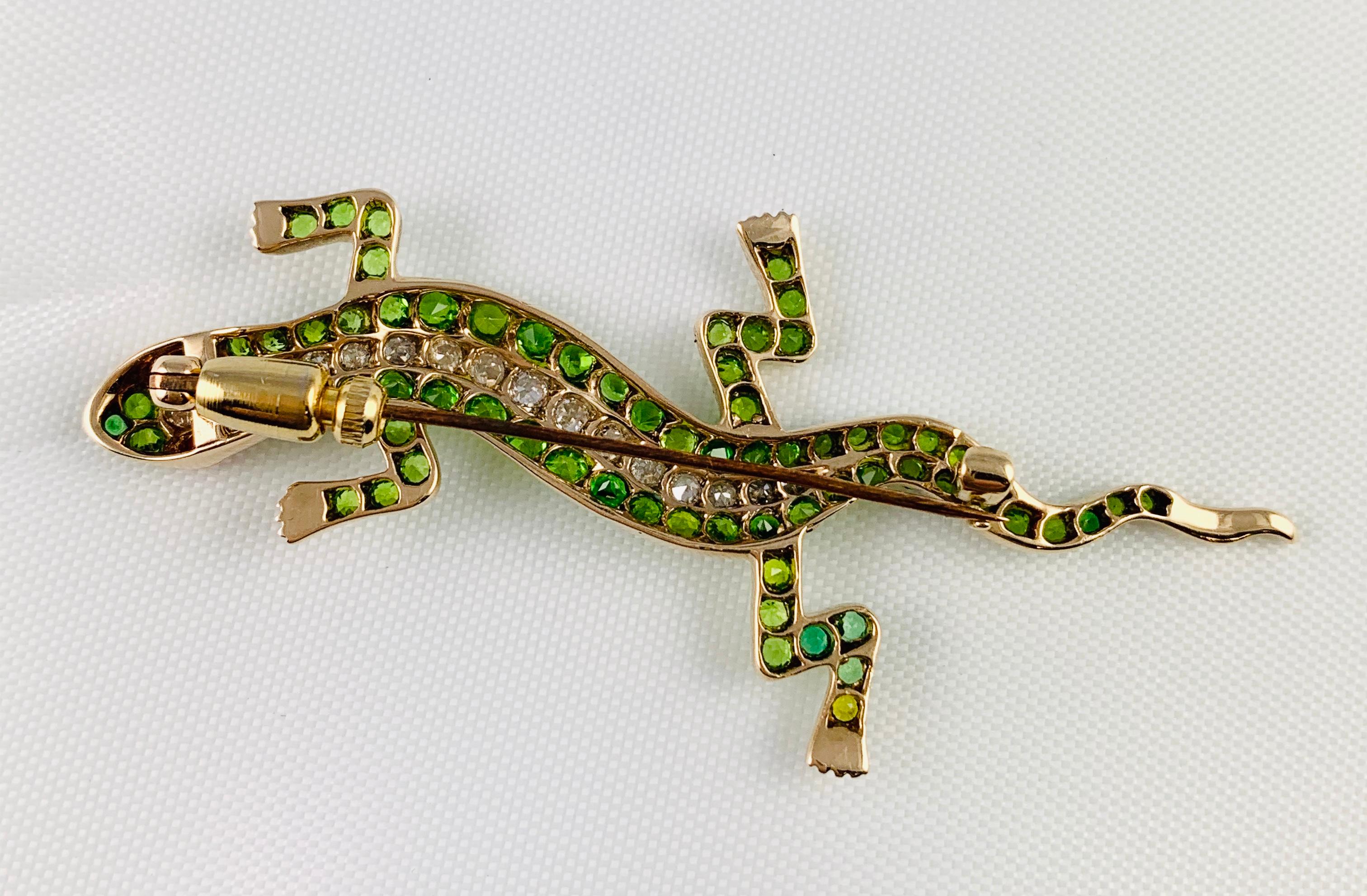 Victorian 14 Karat Yellow Gold Garnet Ruby and Diamond Lizard Brooch Pin 1