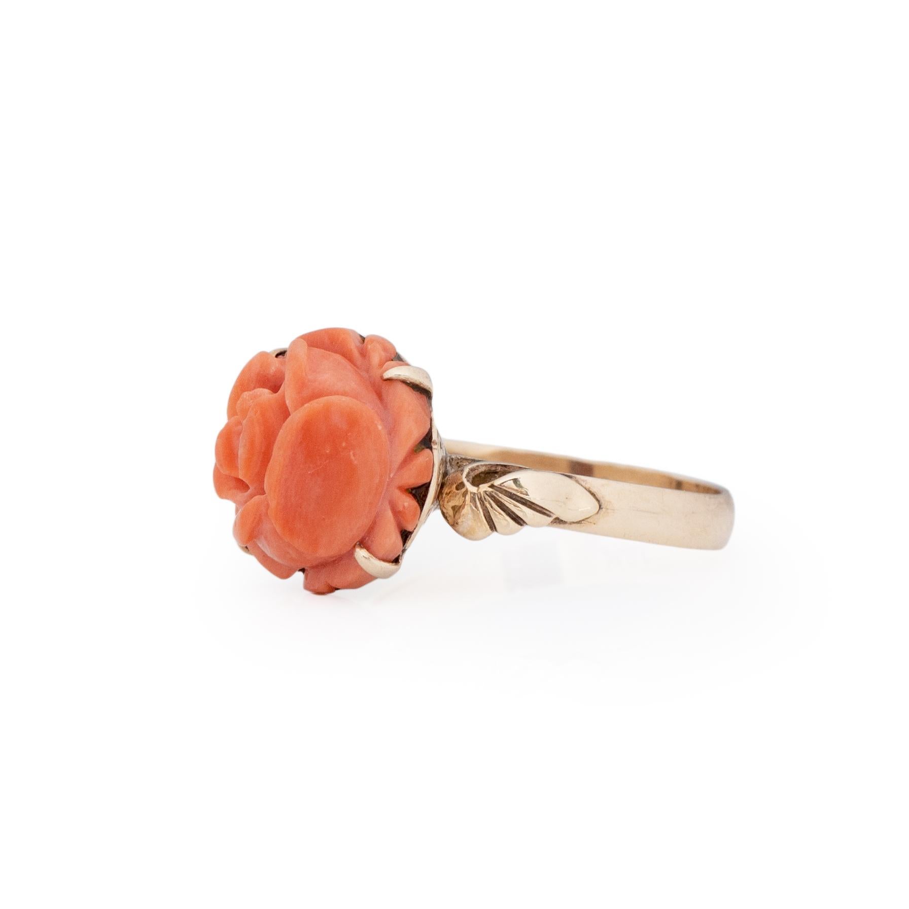 Victorian 14K Yellow Gold Hand Carved Coral Rose Antique Fashion Ring In Good Condition For Sale In Addison, TX