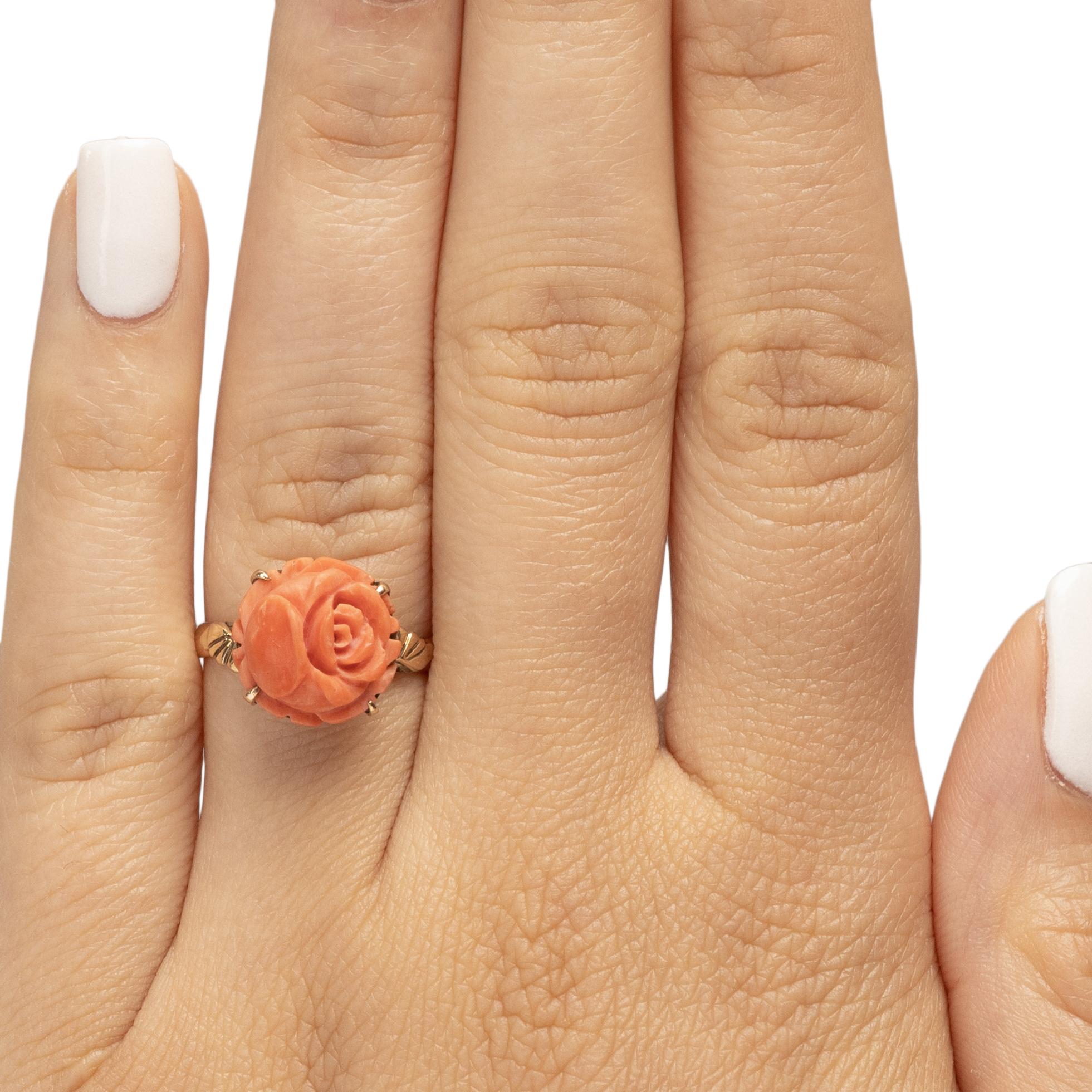 Women's or Men's Victorian 14K Yellow Gold Hand Carved Coral Rose Antique Fashion Ring For Sale