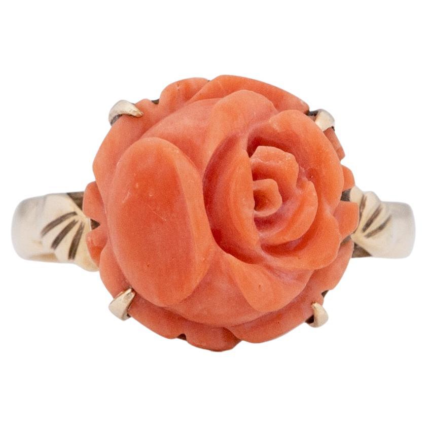 Victorian 14K Yellow Gold Hand Carved Coral Rose Antique Fashion Ring