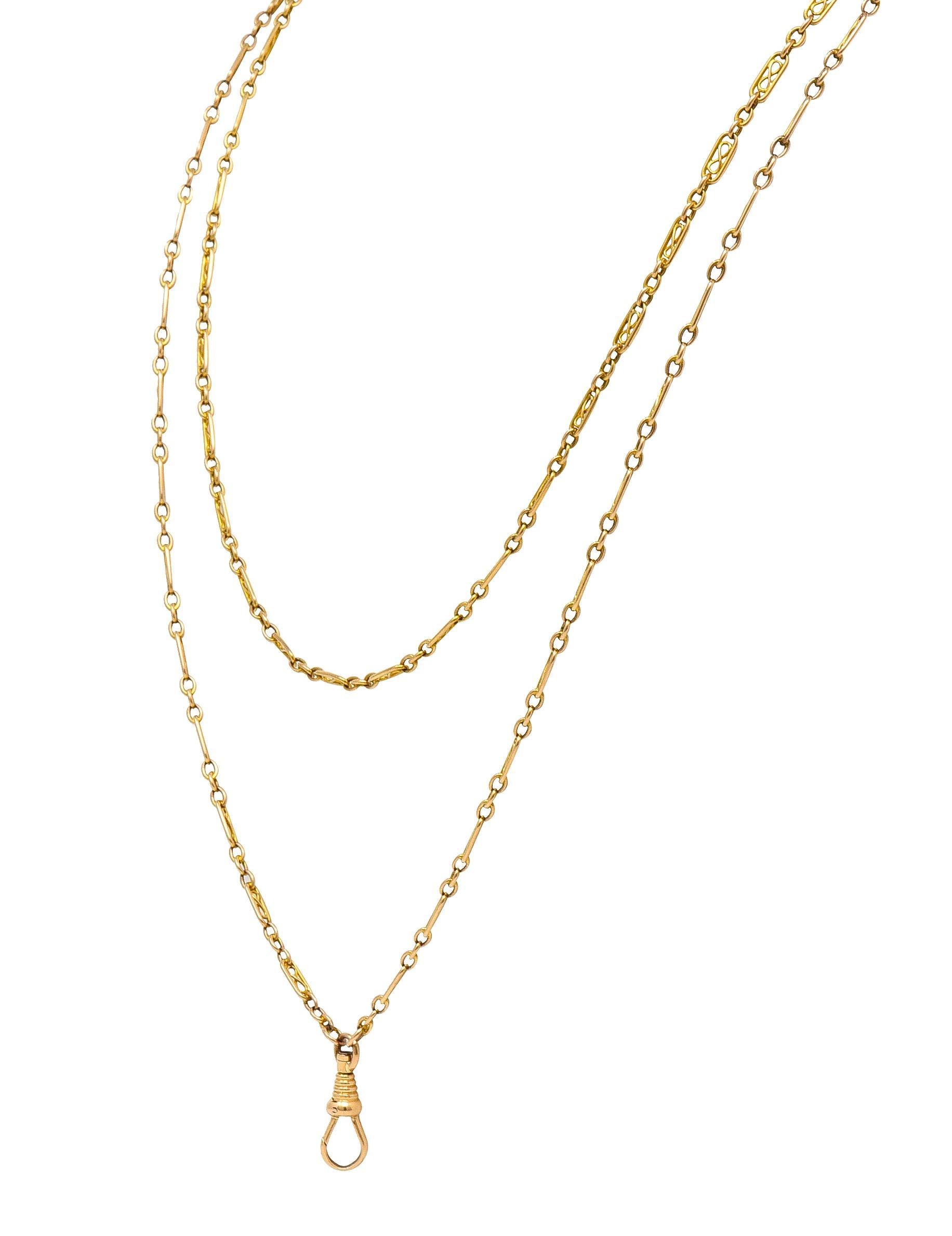 Collar victoriano de oro amarillo de 14 quilates con eslabón infinito de 64 pulgadas de largo con cadena de leontina antigua en Excelente estado para la venta en Philadelphia, PA