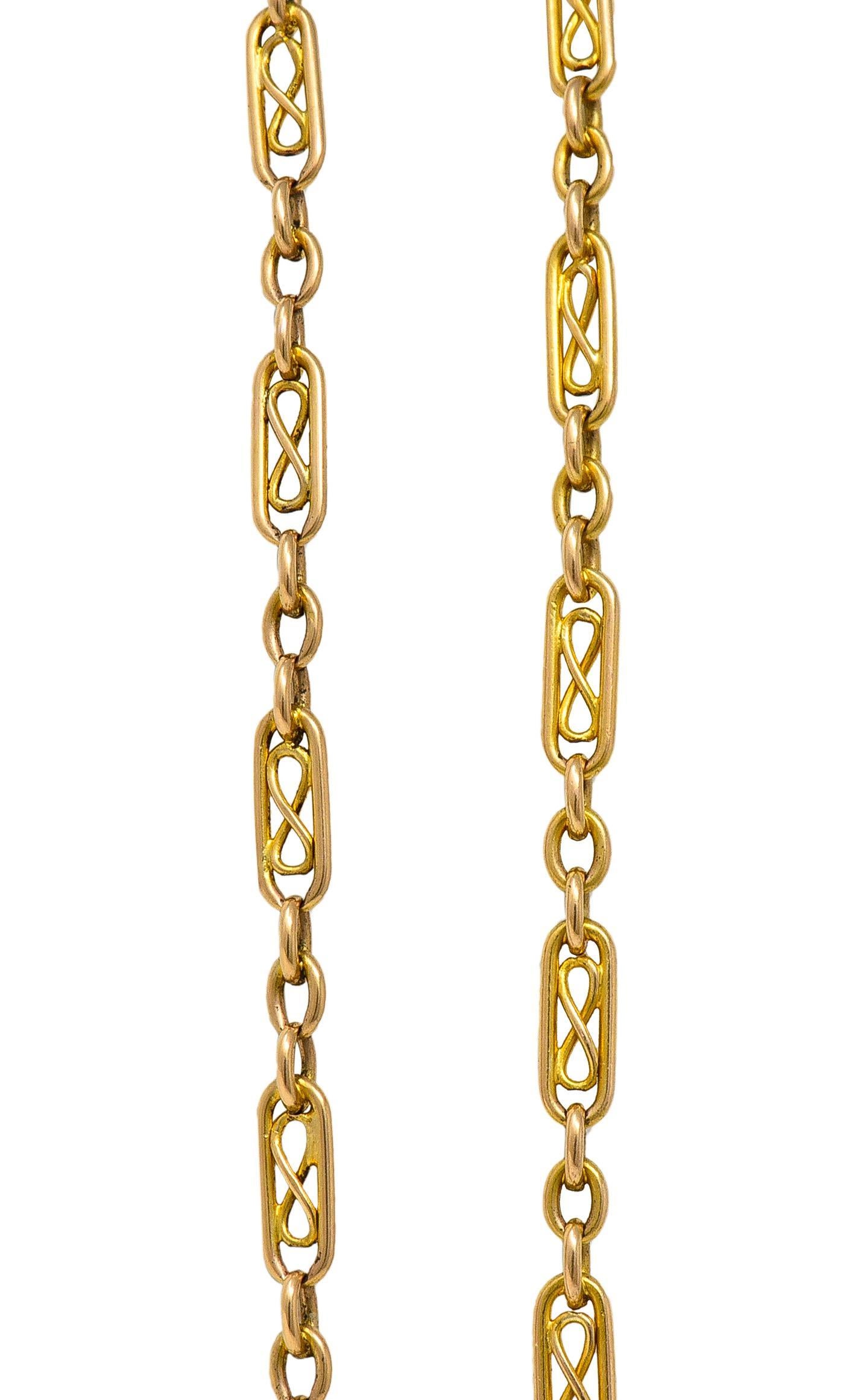 Collar victoriano de oro amarillo de 14 quilates con eslabón infinito de 64 pulgadas de largo con cadena de leontina antigua en venta 1