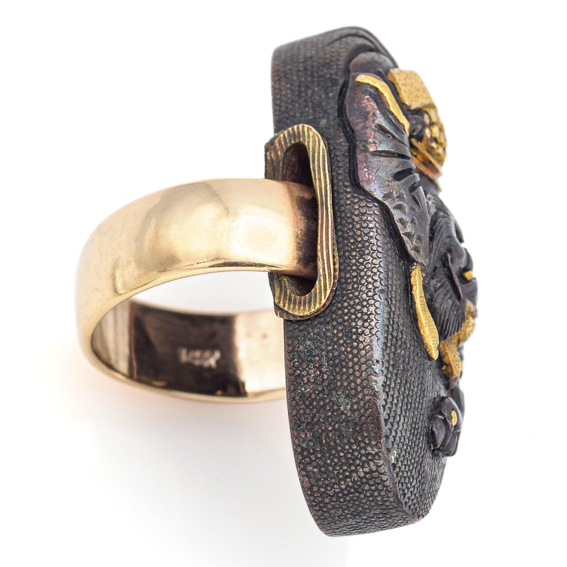 Women's Victorian 14k Yellow Gold & Mixed Metal Oval Japanese Shakudo Ring For Sale