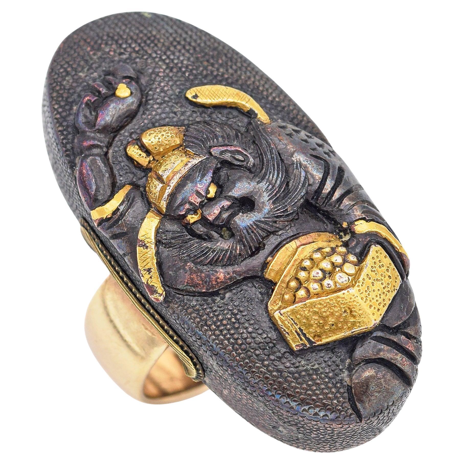 Victorian 14k Yellow Gold & Mixed Metal Oval Japanese Shakudo Ring