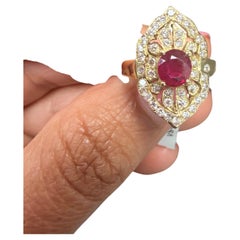 Bague victorienne en or jaune 14K rubis naturel et diamants, 1.64ct