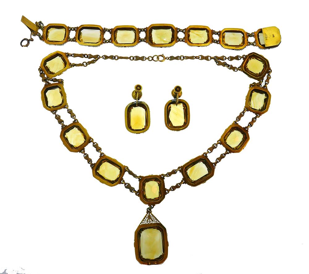 Women's Victorian 14k Yellow Gold Necklace Earrings Bracelet Set Citrine Seed Pearl For Sale