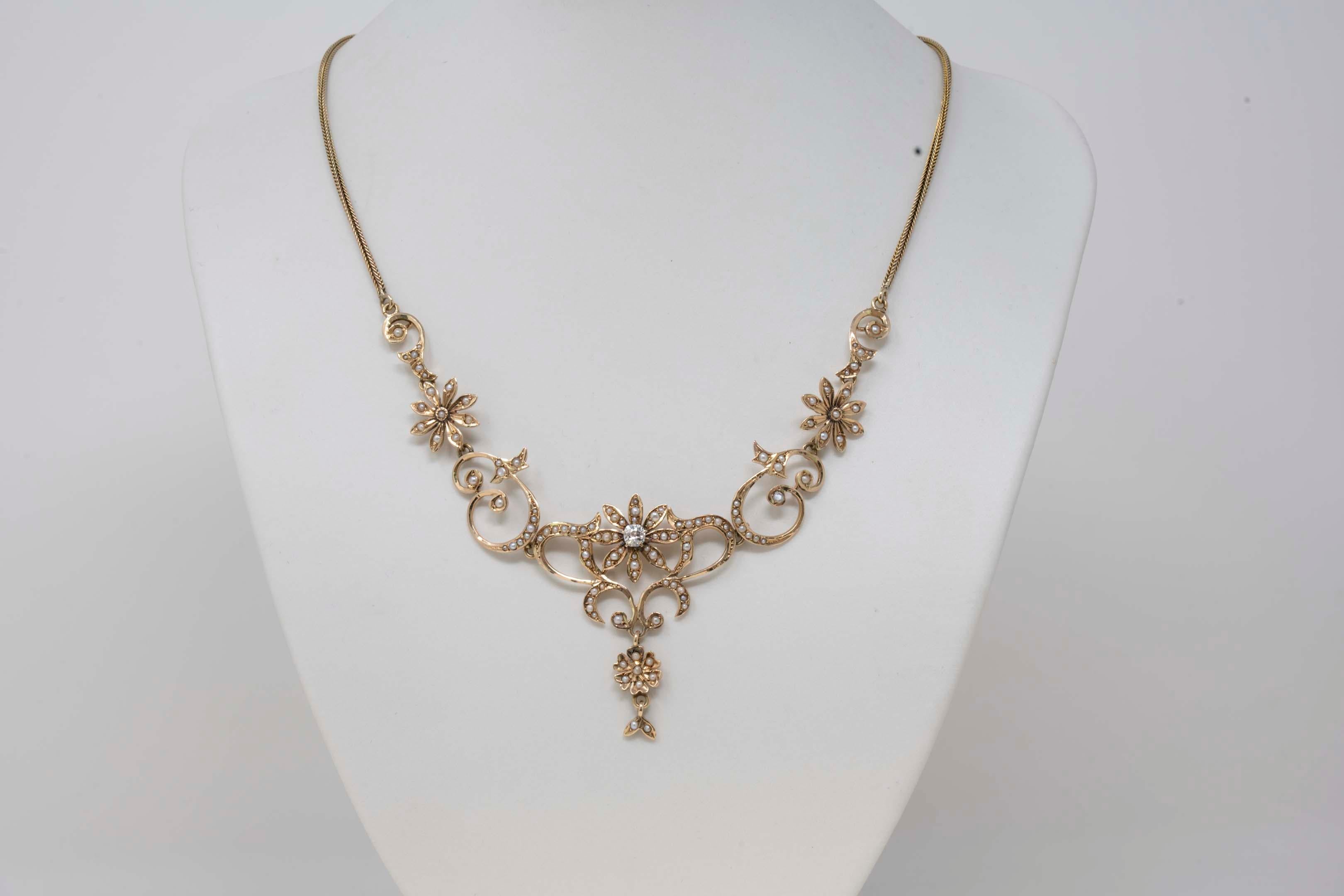 Old European Cut Victorian 14k Yellow Gold Necklace with Diamond & Seed Pearls