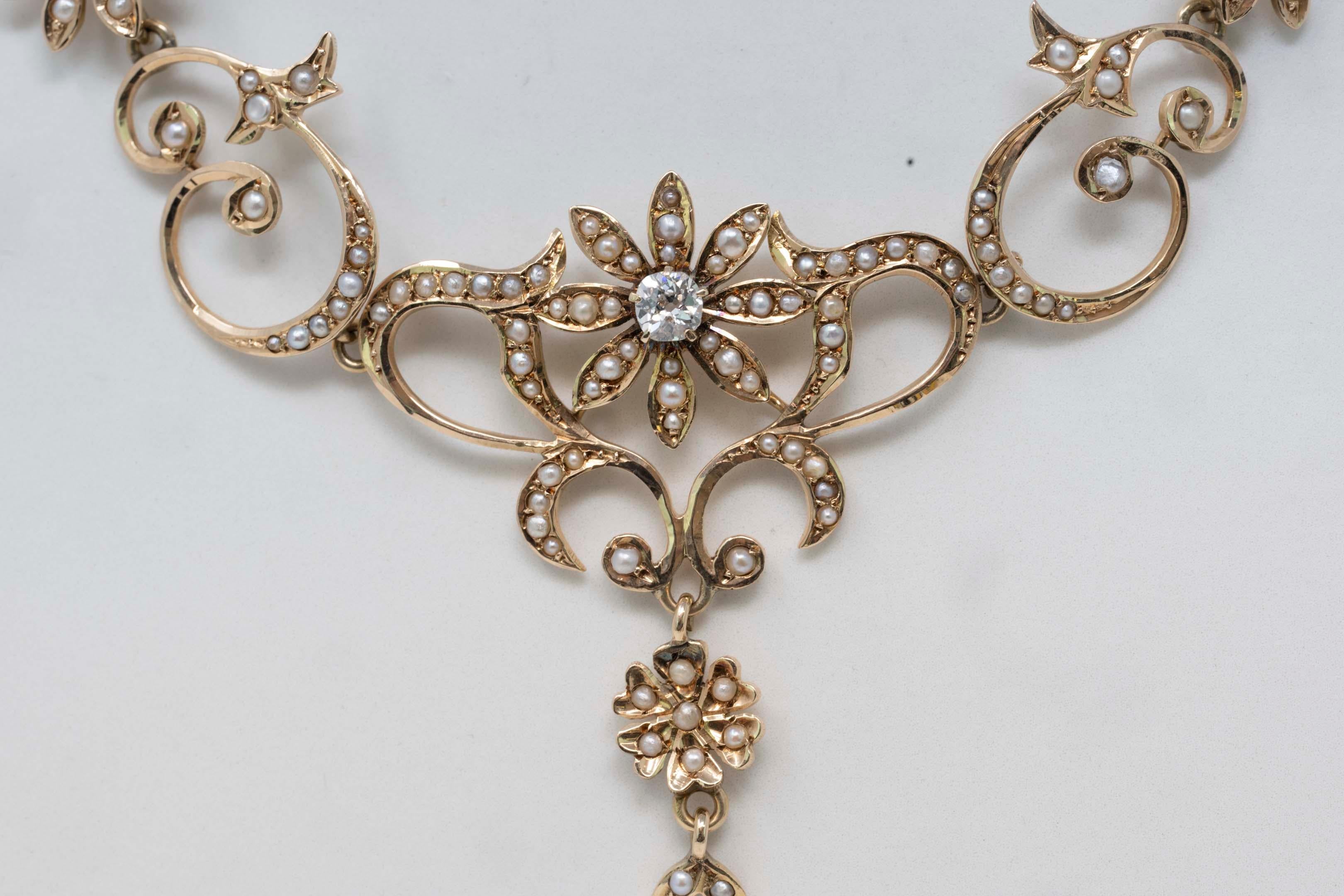 Women's Victorian 14k Yellow Gold Necklace with Diamond & Seed Pearls