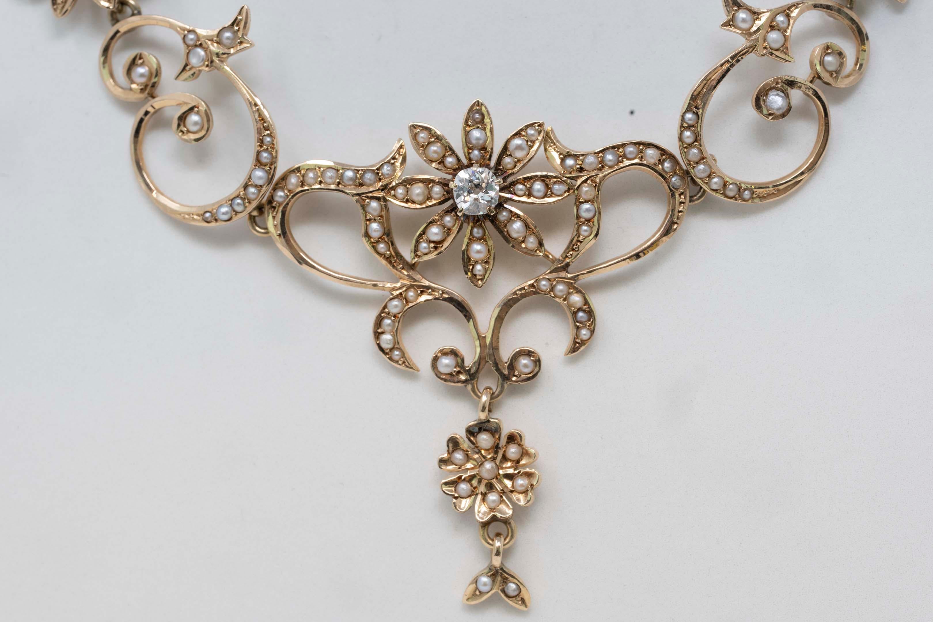 Victorian 14k Yellow Gold Necklace with Diamond & Seed Pearls 1