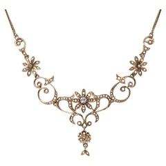 Victorian 14k Yellow Gold Necklace with Diamond & Seed Pearls