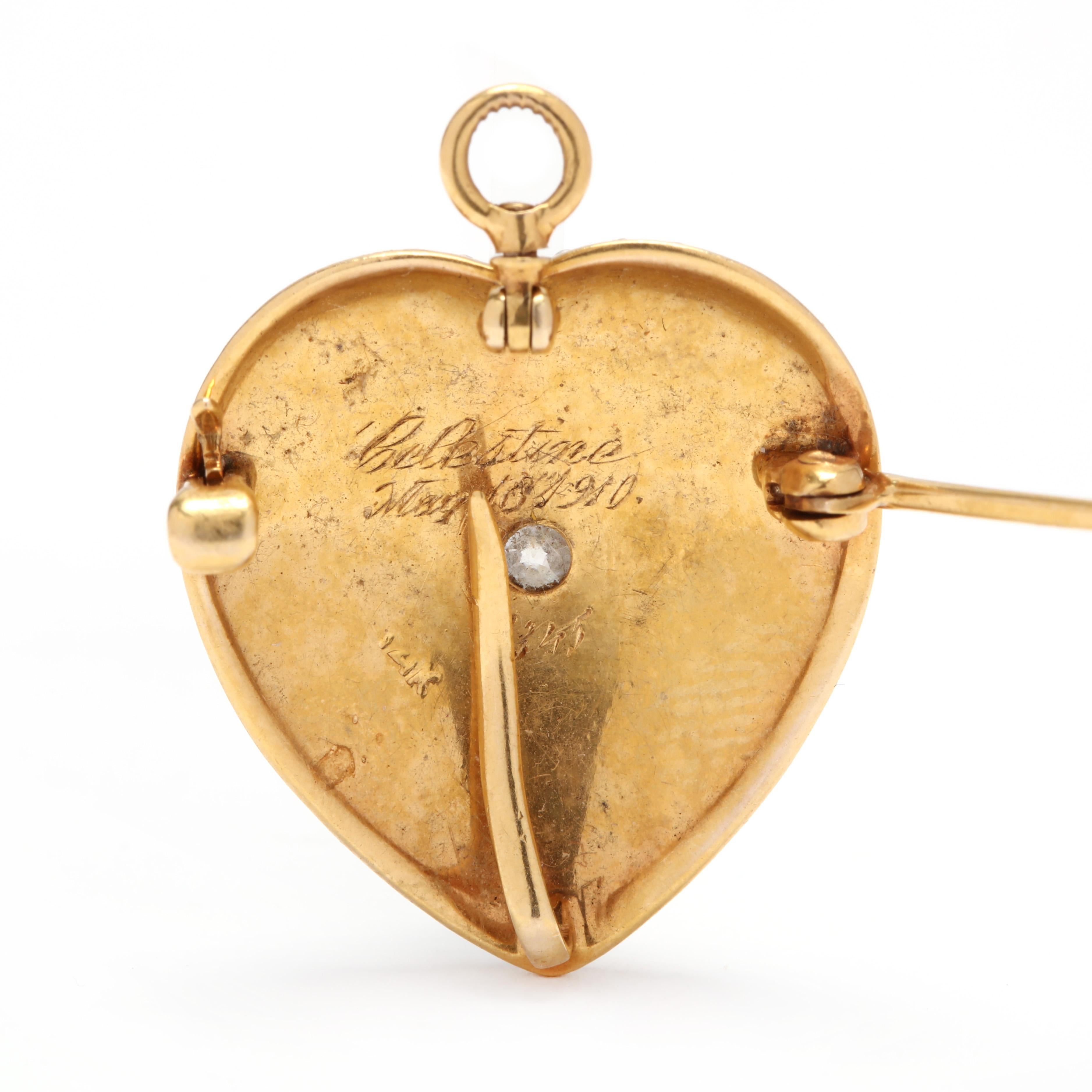 Cabochon Victorian 14k Yellow Gold Oec Diamond & Seed Pearl Heart Brooch / Pendant