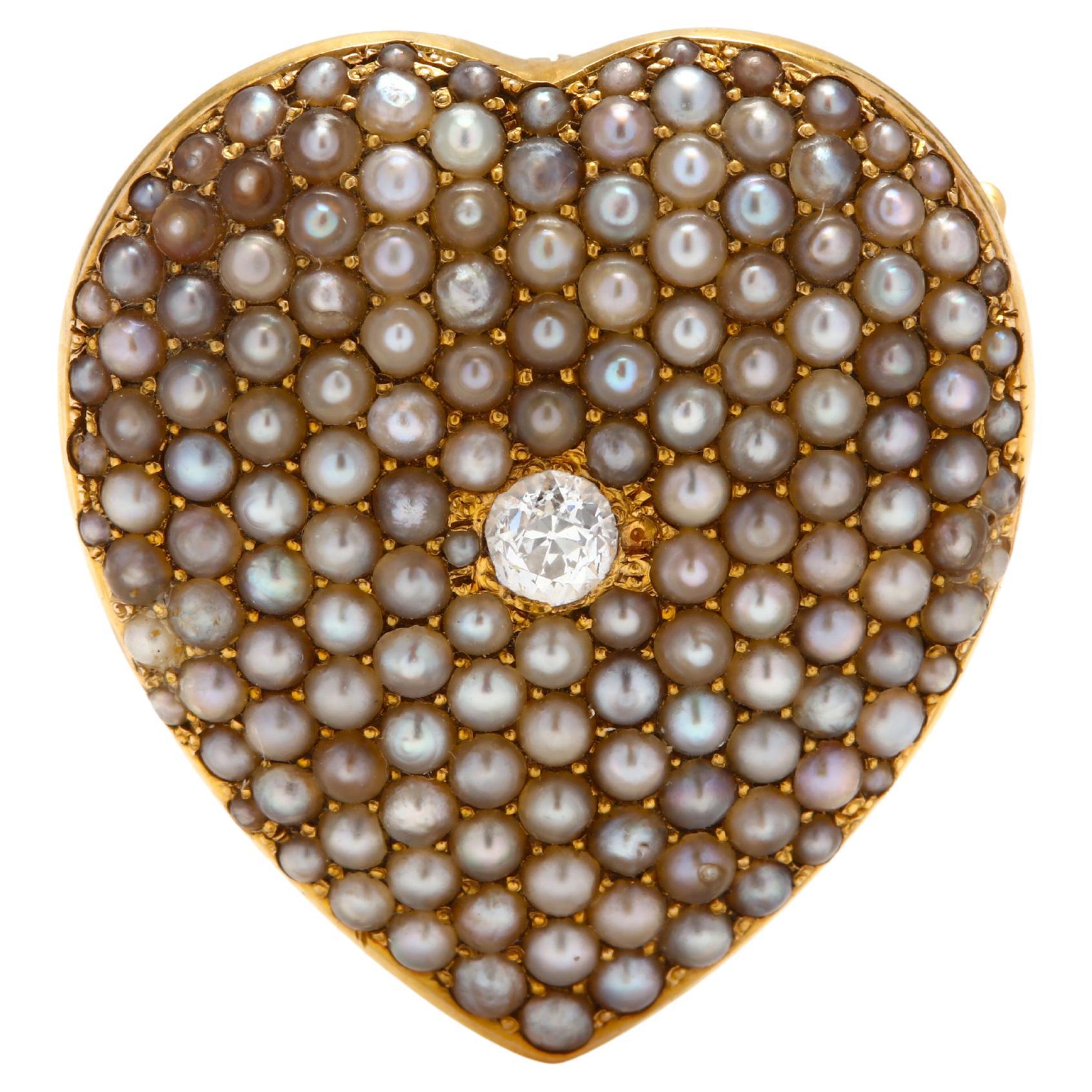 Victorian 14k Yellow Gold Oec Diamond & Seed Pearl Heart Brooch / Pendant
