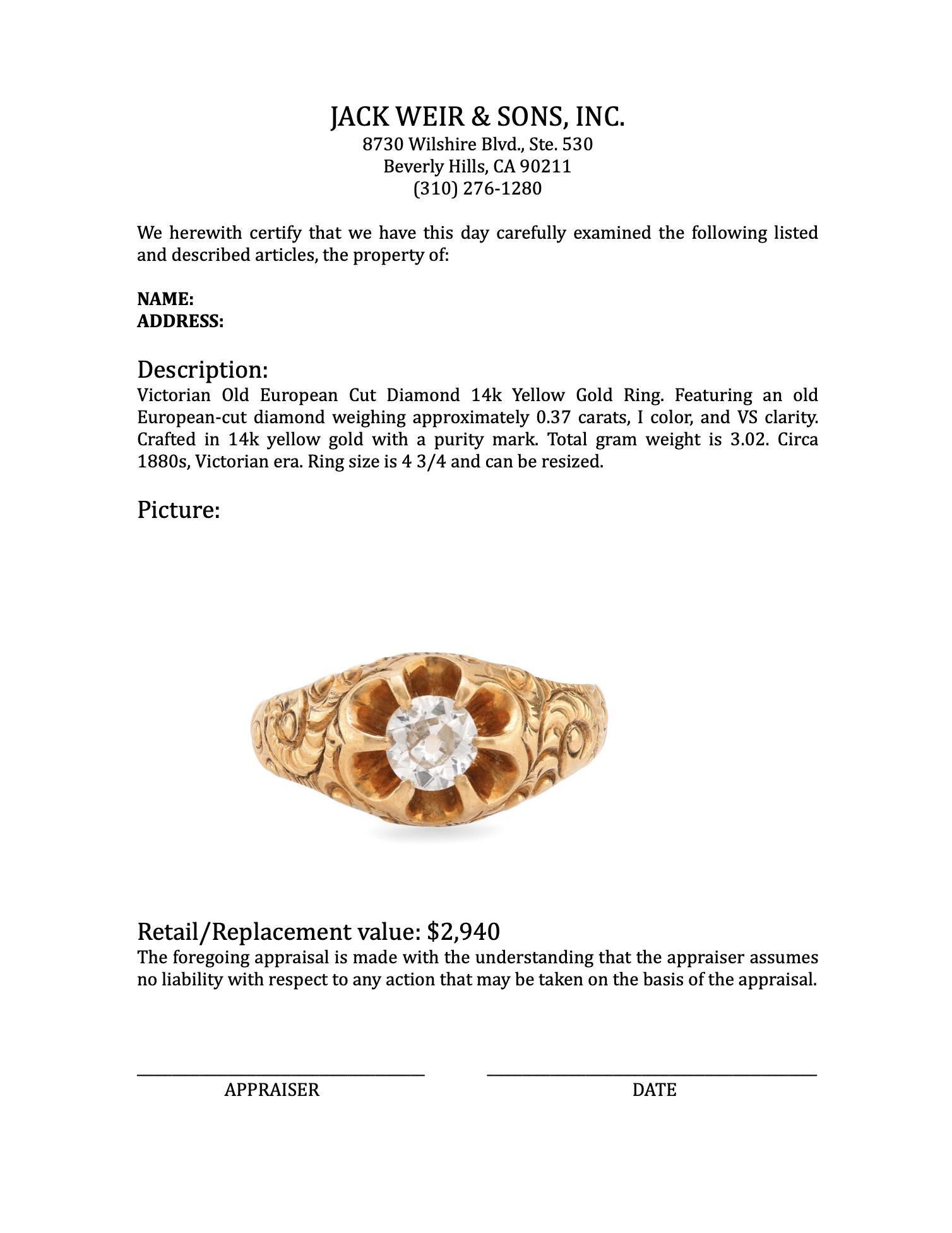 Viktorianischer Diamantring aus 14k Gelbgold mit altem Schliff für Damen oder Herren