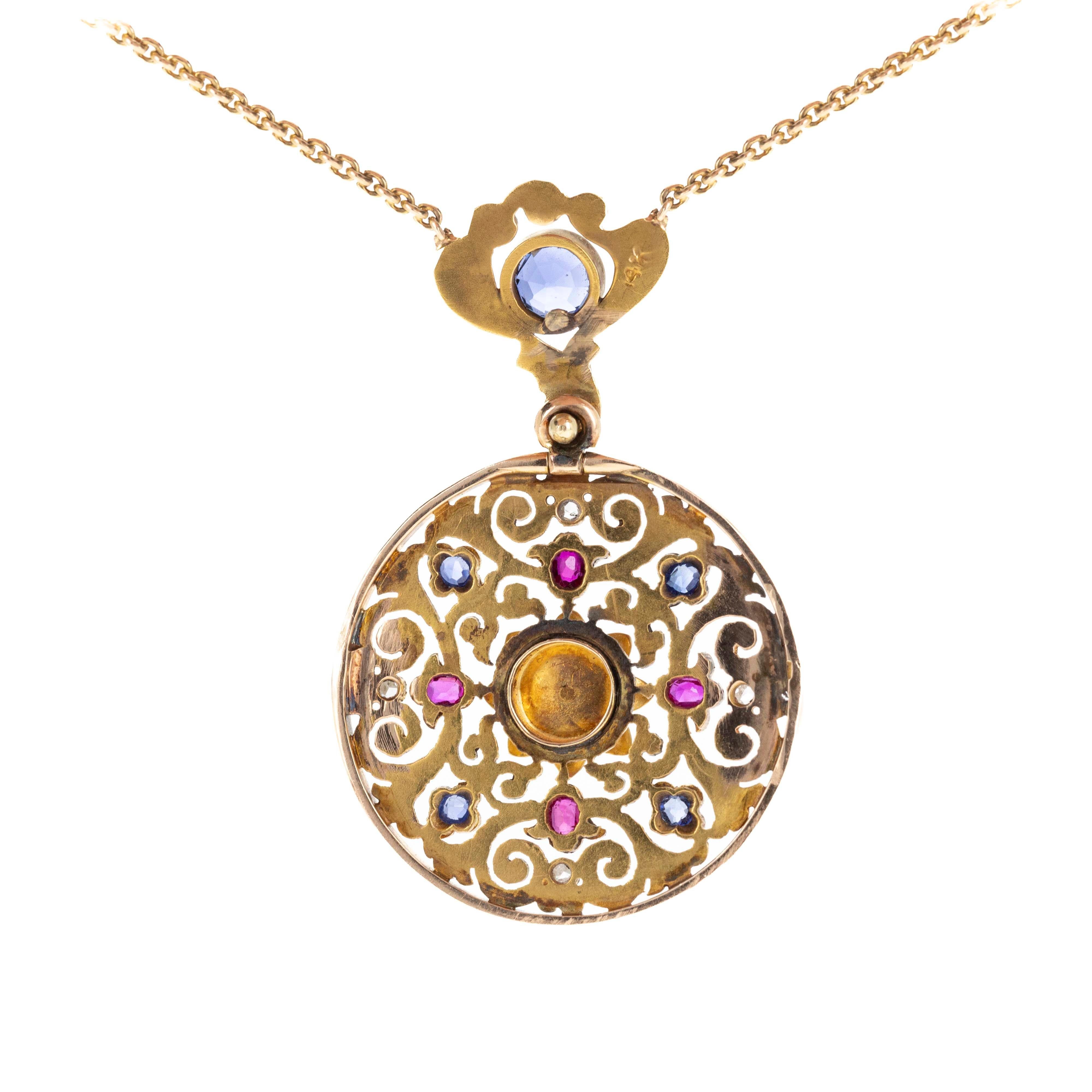 Pendentif victorien en or jaune 14 carats, saphir, rubis et diamant de taille européenne ancienne Excellent état - En vente à Cape May, NJ