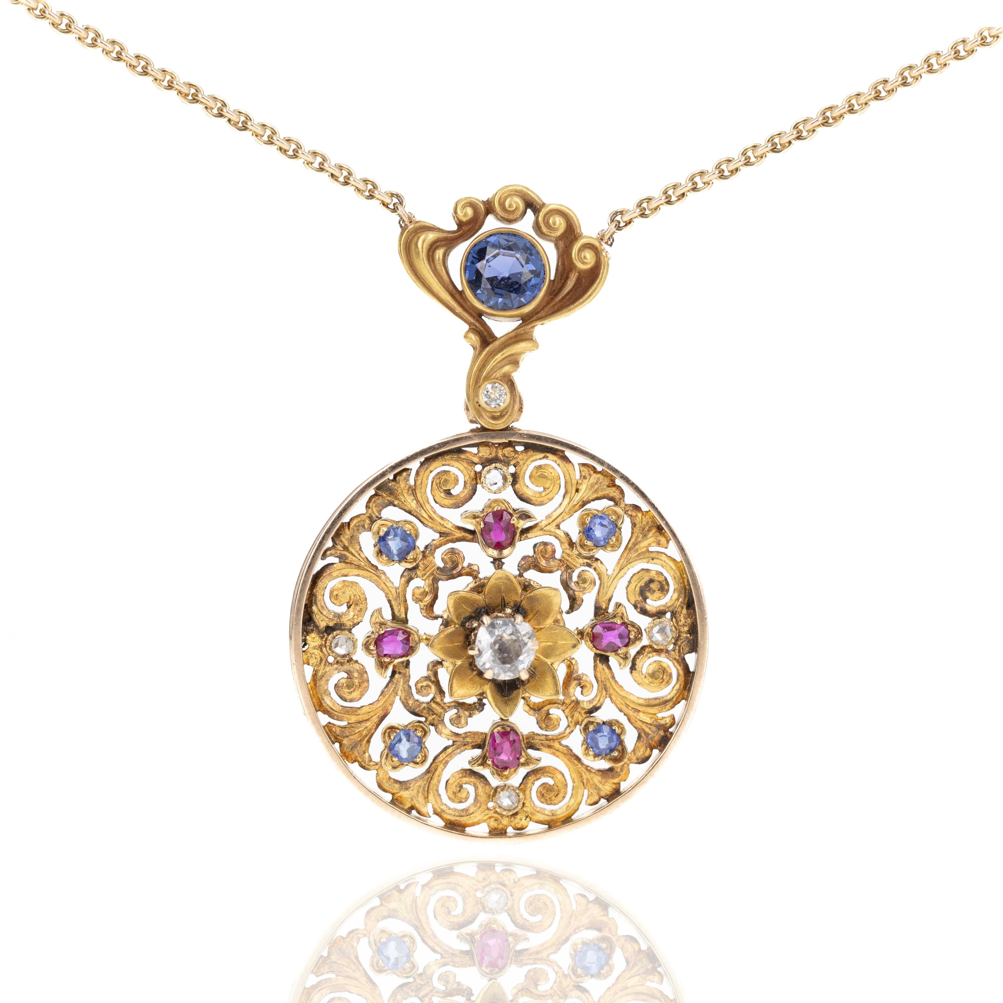 Pendentif victorien en or jaune 14 carats, saphir, rubis et diamant de taille européenne ancienne Pour femmes en vente