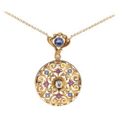 Victorian 14K Yellow Gold Old European Cut Sapphire Ruby Diamond Pendant