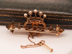 Victorian 14K Yellow Gold Old Mine Diamond and Pearl Heart and Crown Brooch