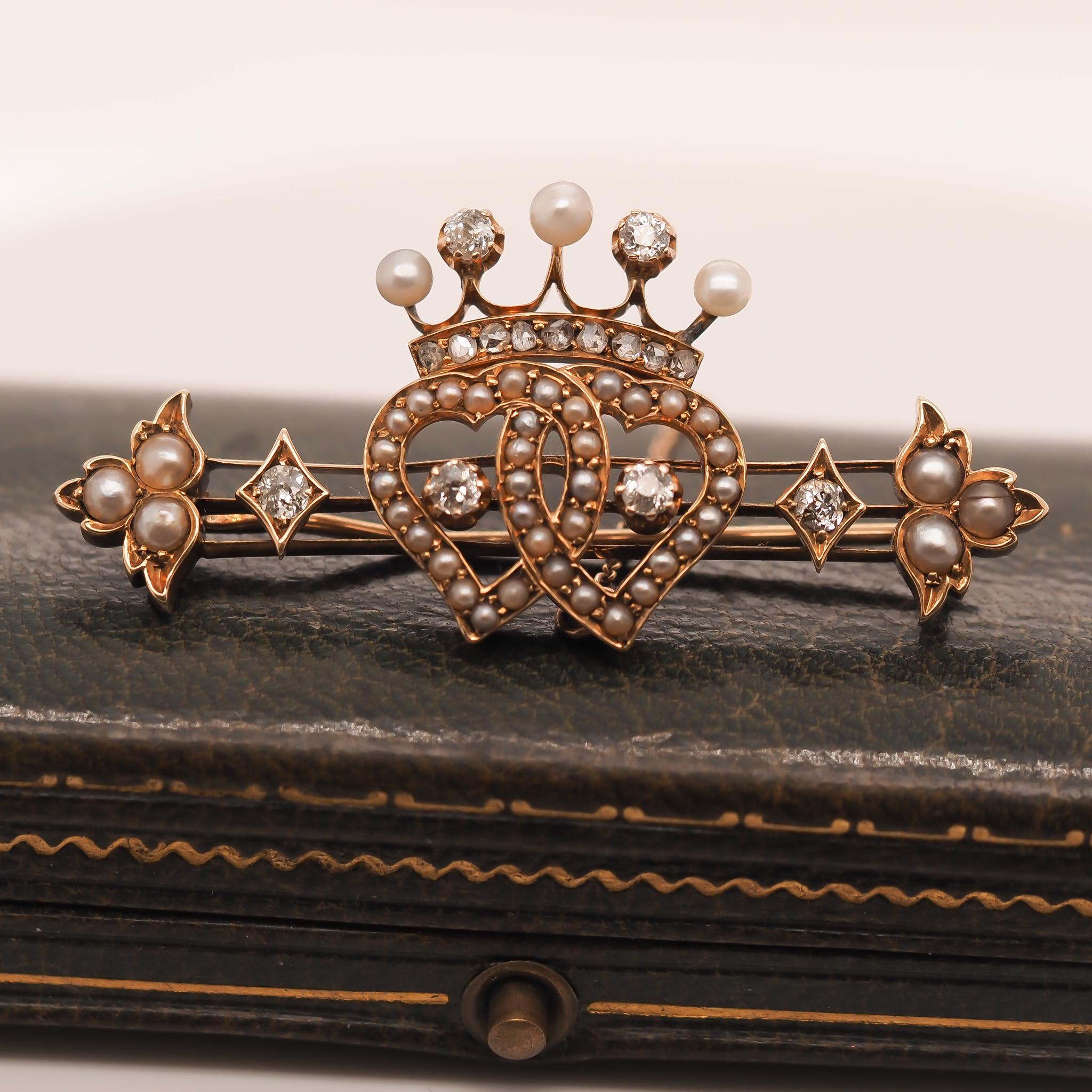Victorian 14K Yellow Gold Old Mine Diamond and Pearl Heart and Crown Brooch For Sale 2