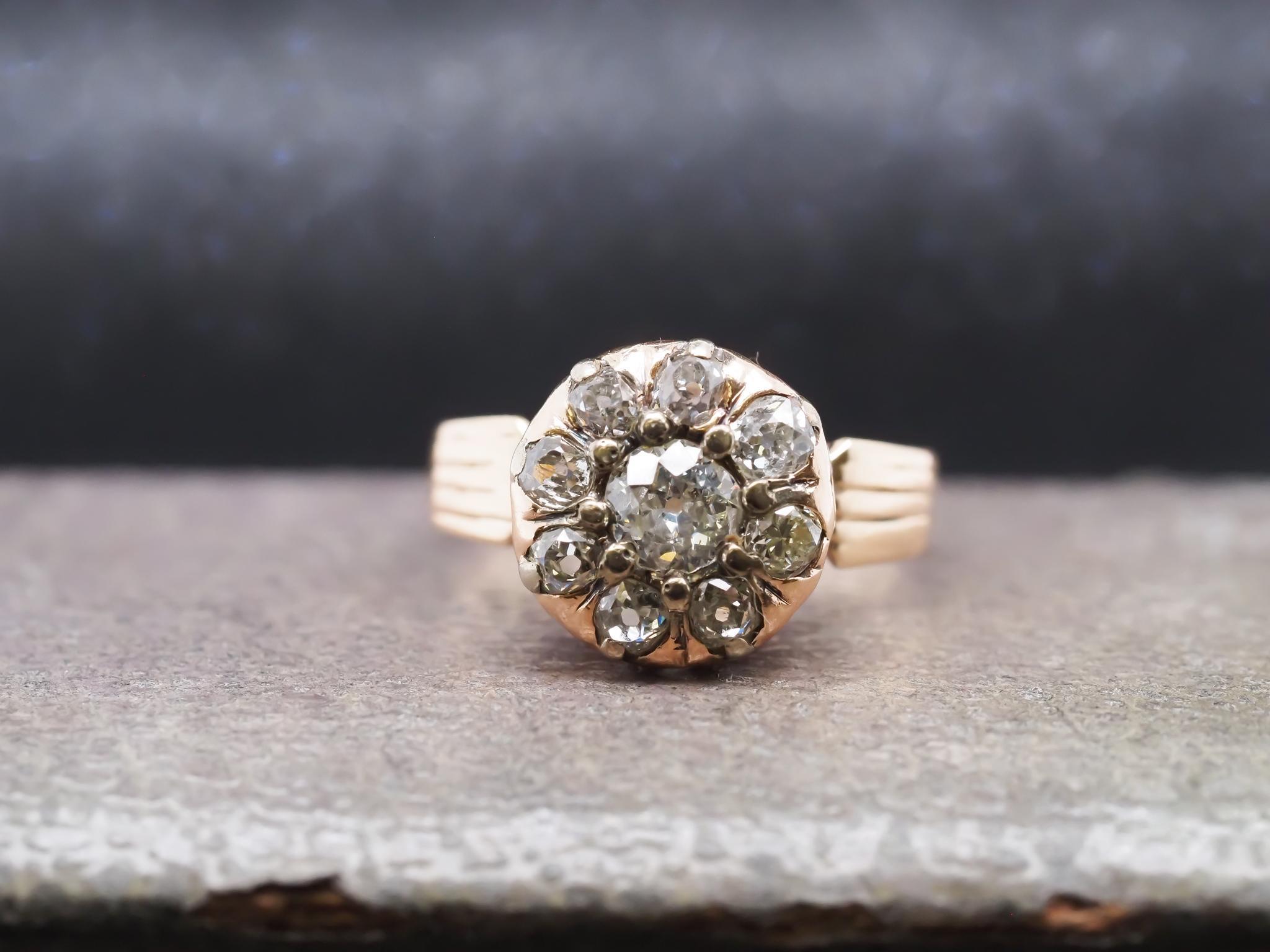 Année : années 1880

Détails de l'article :
Taille de la bague : 10 (assez grande)
Type de métal : Or jaune 14K [poinçonné et testé].
Poids : 4,9 grammes

Détails du diamant :

Diamant central : .65ct, Old Mine Brilliant, couleur J, pureté