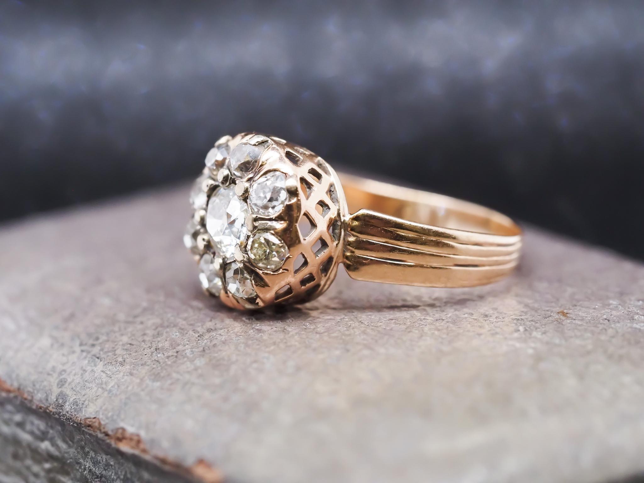 Victorien Bague victorienne en or jaune 14 carats avec grappe de diamants ancienne mine en vente