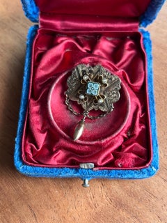Victorian 14k Yellow Gold Onyx & Seed Pearl Brooch 1870s