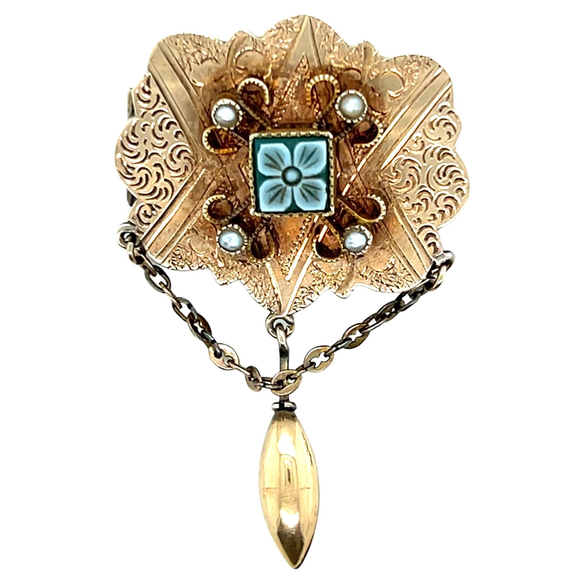 Broche victorienne en or jaune 14k avec onyx et perles de rocaille 1870s