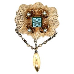 Antique Victorian 14k Yellow Gold Onyx & Seed Pearl Brooch 1870s