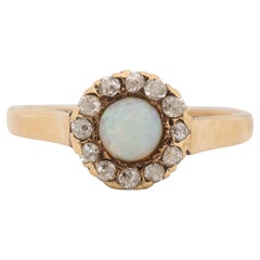 Victorian 14K Yellow Gold Opal Cabochon, with Rose Cut Diamond Halo Antique Ring