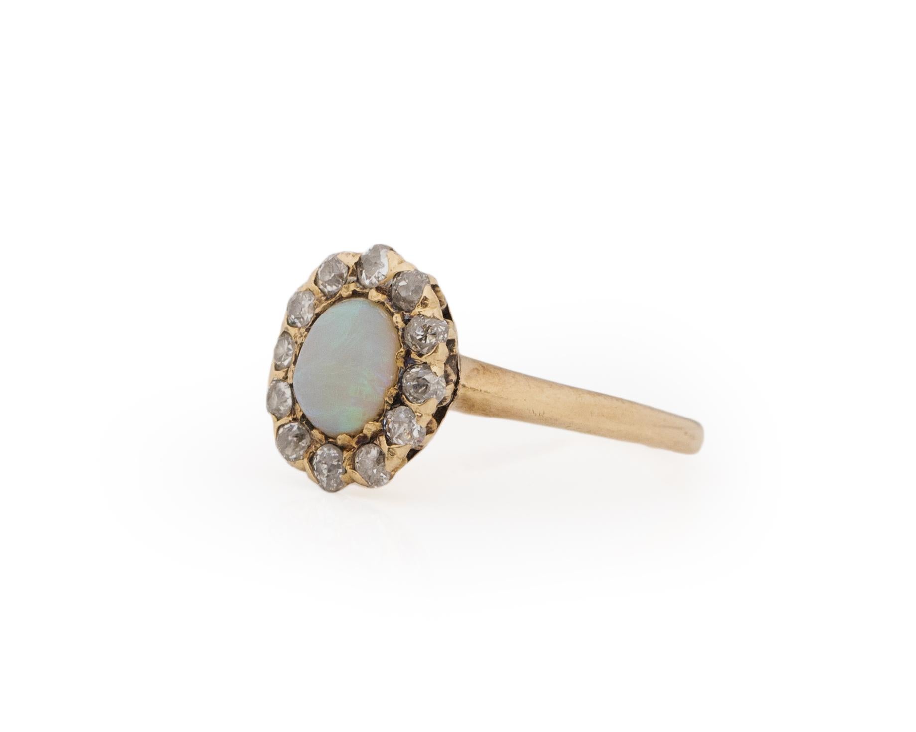 Women's or Men's Victorian 14K Yellow Gold Opal Cabochon, with Rose Cut Diamond Halo Fashion Ring