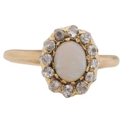 Victorian 14K Yellow Gold Opal Cabochon, with Rose Cut Diamond Halo Fashion Ring