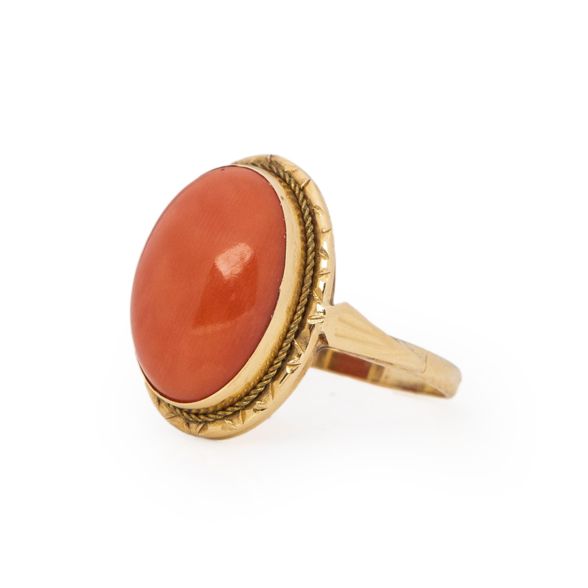 Oval Cut Victorian 14K Yellow Gold Orange Coral Oval Cabochon Vintage Statement Ring