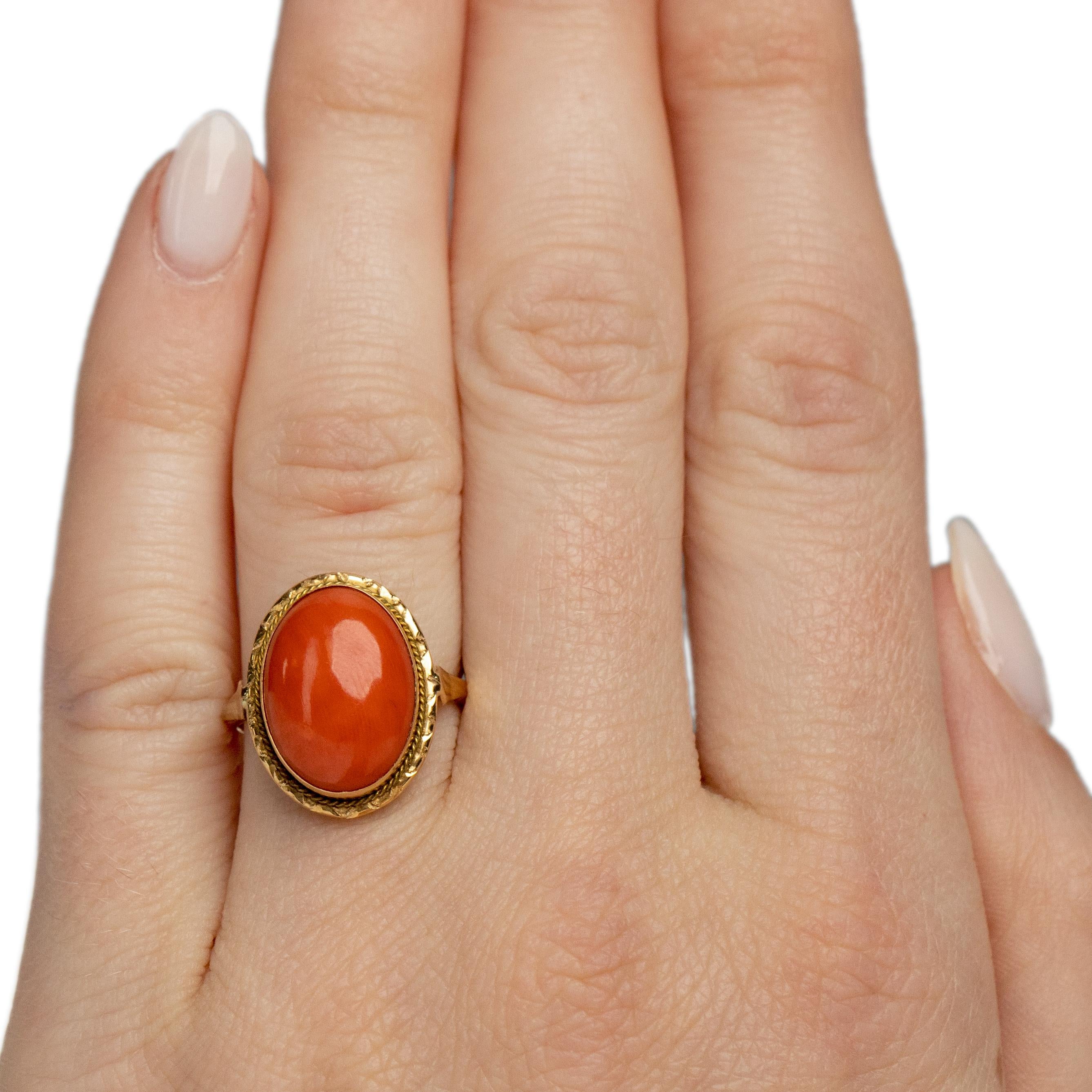 Women's or Men's Victorian 14K Yellow Gold Orange Coral Oval Cabochon Vintage Statement Ring