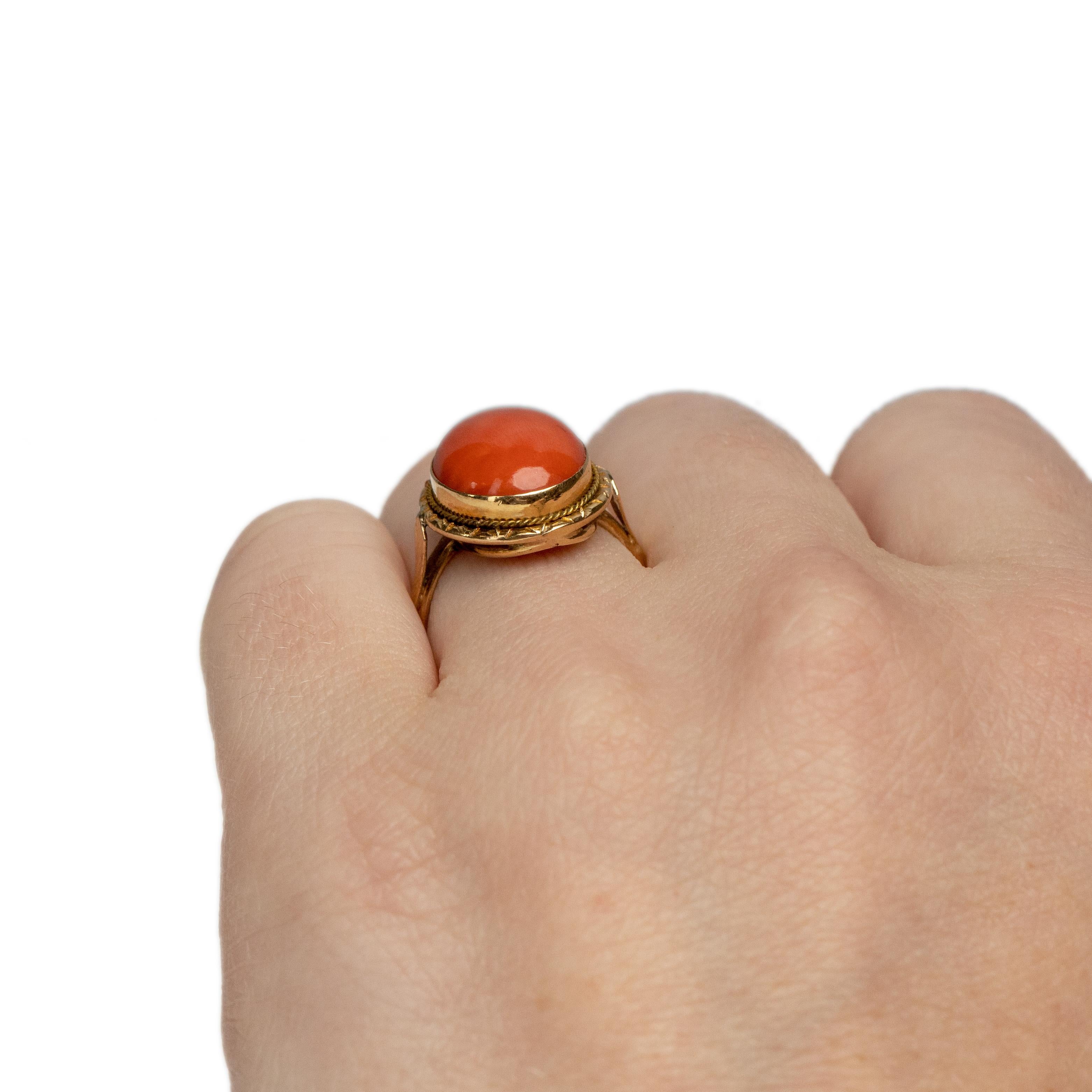 Victorian 14K Yellow Gold Orange Coral Oval Cabochon Vintage Statement Ring 1