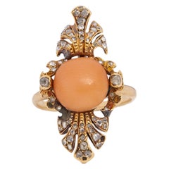 Victorian 14K Yellow Gold Peach Coral Cab with Single Cut Diamond Fashion Ring