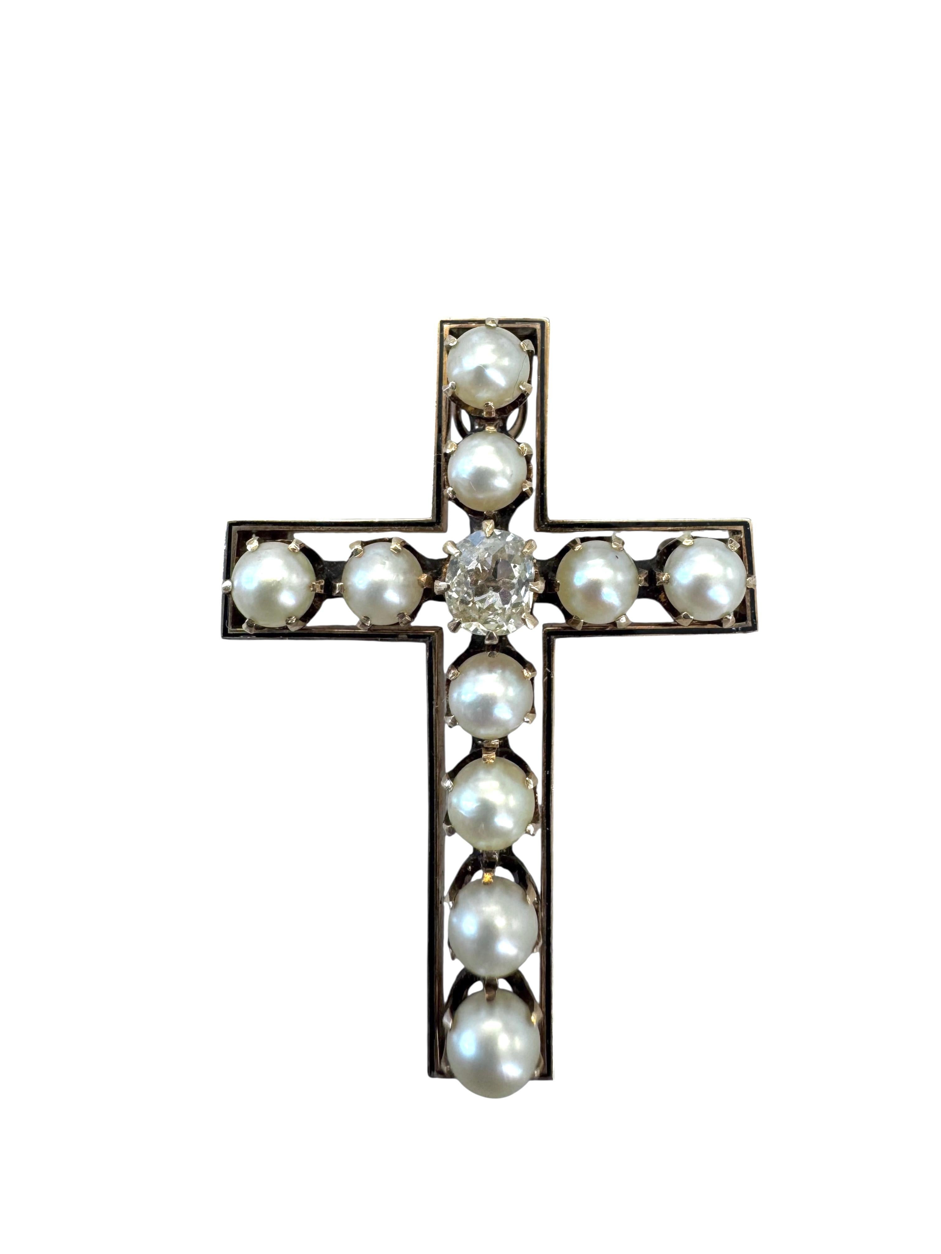 Viktorianische 14K Gelbgold Perle und Old Mine-Cut Diamant Kreuz Anhänger/Brosche