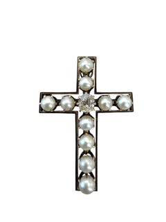 Victorian 14K Yellow Gold Pearl and Old Mine-Cut Diamond Cross Pendant/Brooch