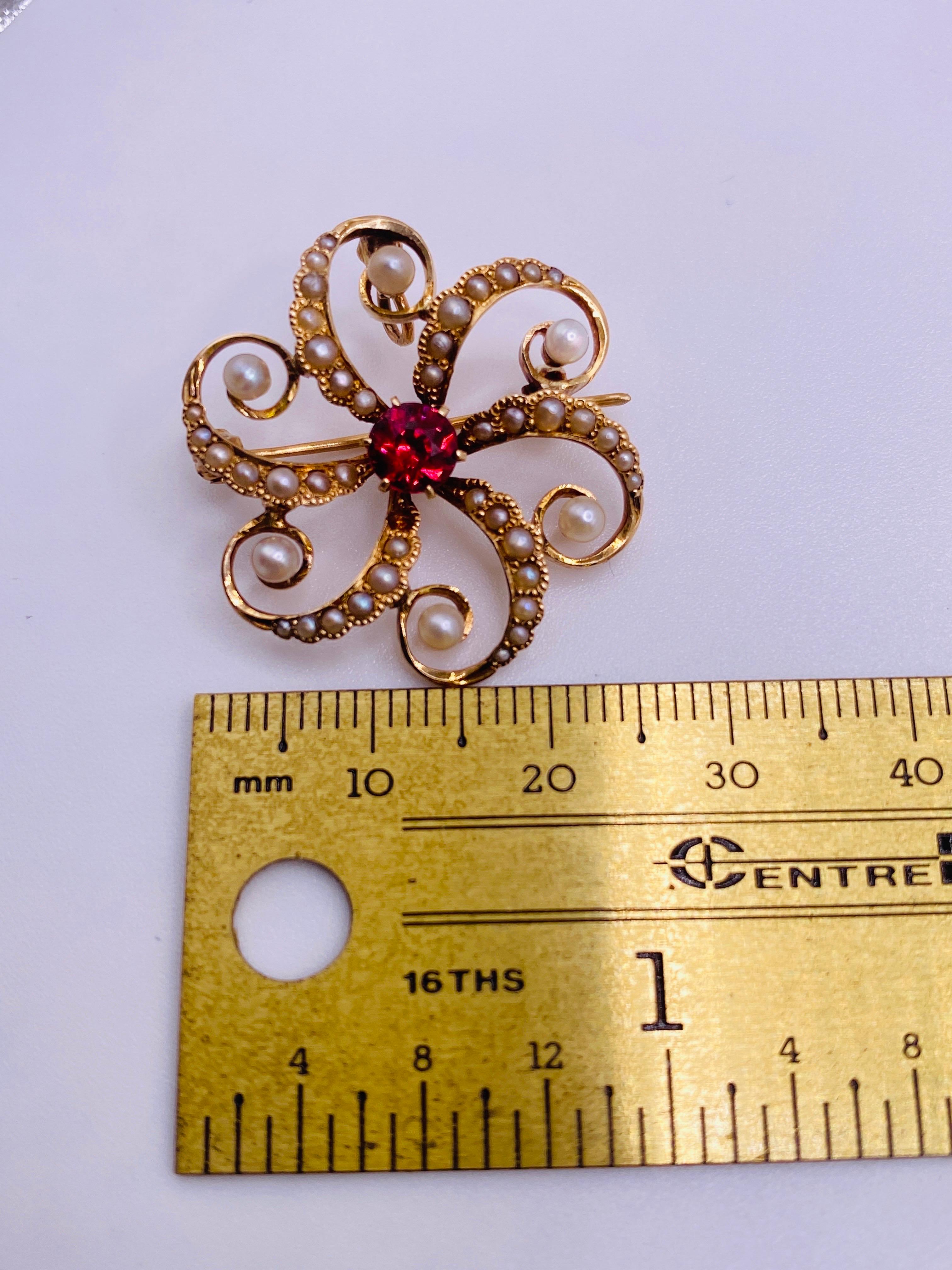 Viktorianische 14k Gelbgold Perle und ca. .5 Karat Spessartit Granat Brosche/Anhänger. 4.7gm/3.0Dwt.