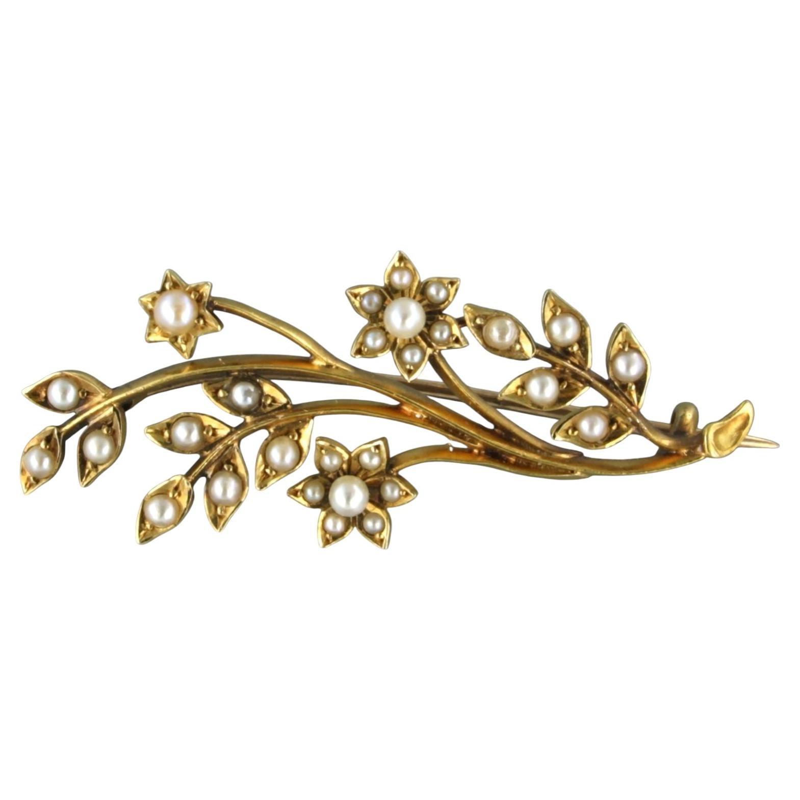 Victorian 14k Yellow Gold Pearl Branch Brooch, Netherlands, Circa 1880