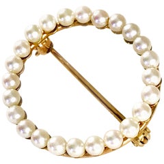 Victorian 14K Yellow Gold Pearl Circle Brooch, Circa 1850s, England