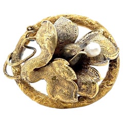 Victorian 14k Yellow Gold Pearl Orchid Floral Brooch/Pin 1860s Victorian 14k Yellow Gold Pearl Orchid Floral Brooch/Pin 1860s