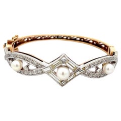 Victorian 14K Yellow Gold & Platinum Pearl and Diamond Bangle Bracelet, 2.20 Car