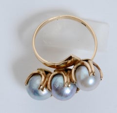 Victorian 14k Yellow Gold Ring Set With 3-12mm Lavender Hued Pearls