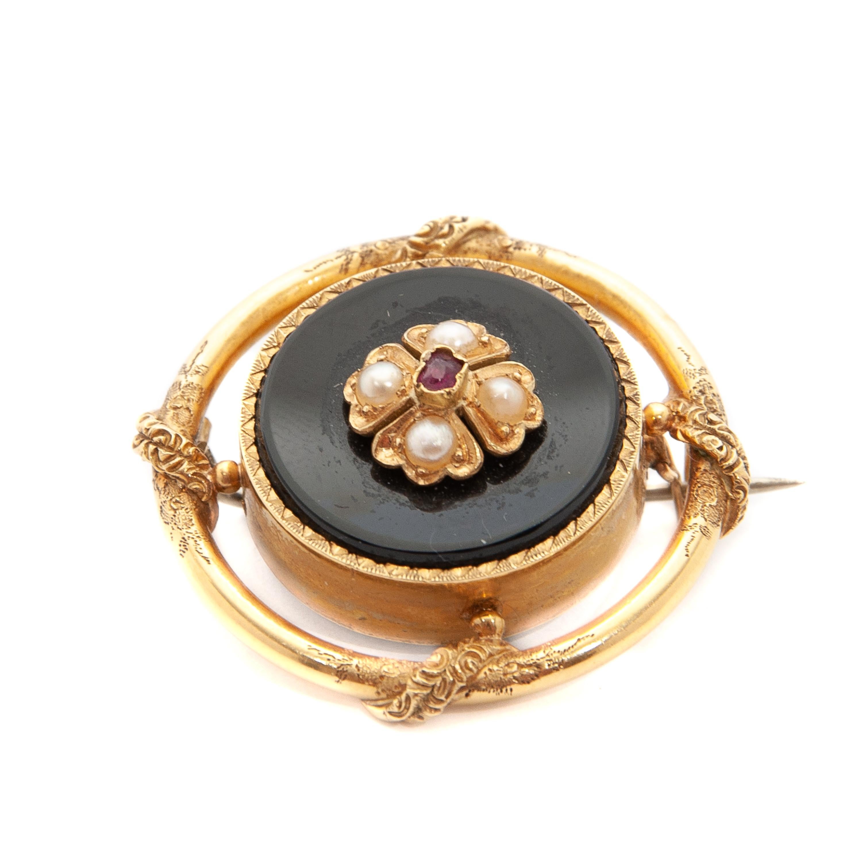 Round Cut Victorian Onyx Ruby Seed Pearl 14 Karat Gold Brooch