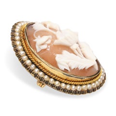 Victorian 14k Yellow Gold Seed Pearl Shell Cameo Poppy Flower Brooch