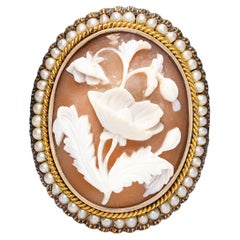 Victorian 14k Yellow Gold Seed Pearl Shell Cameo Poppy Flower Brooch