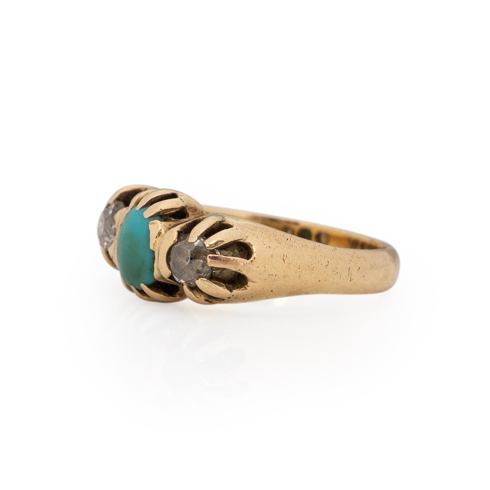 Women's or Men's Victorian 14K Yellow Gold Turquoise and Old Mine Cut Diamond Three Stone Ring